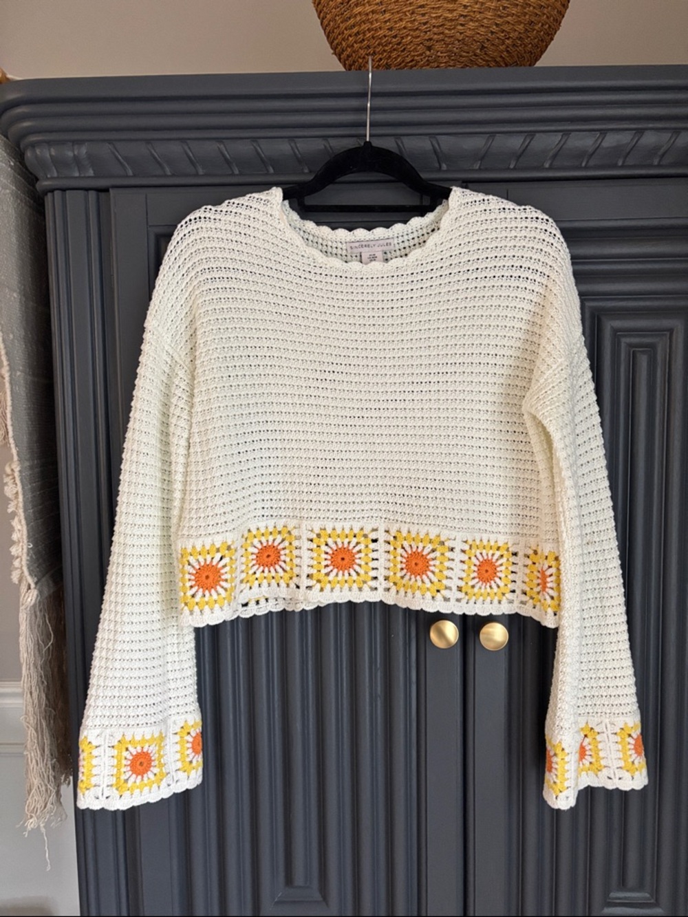 Sincerely Jules Cream Crochet Cropped Sweater with Yellow & Orange Floral Trim